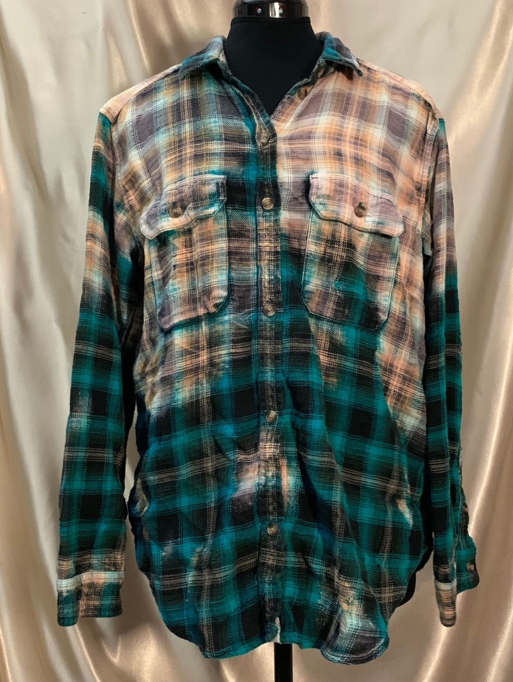 American Eagle 100% Cotton Teal Grunge Destroyed Style Bleach Dye Plaid Flannel